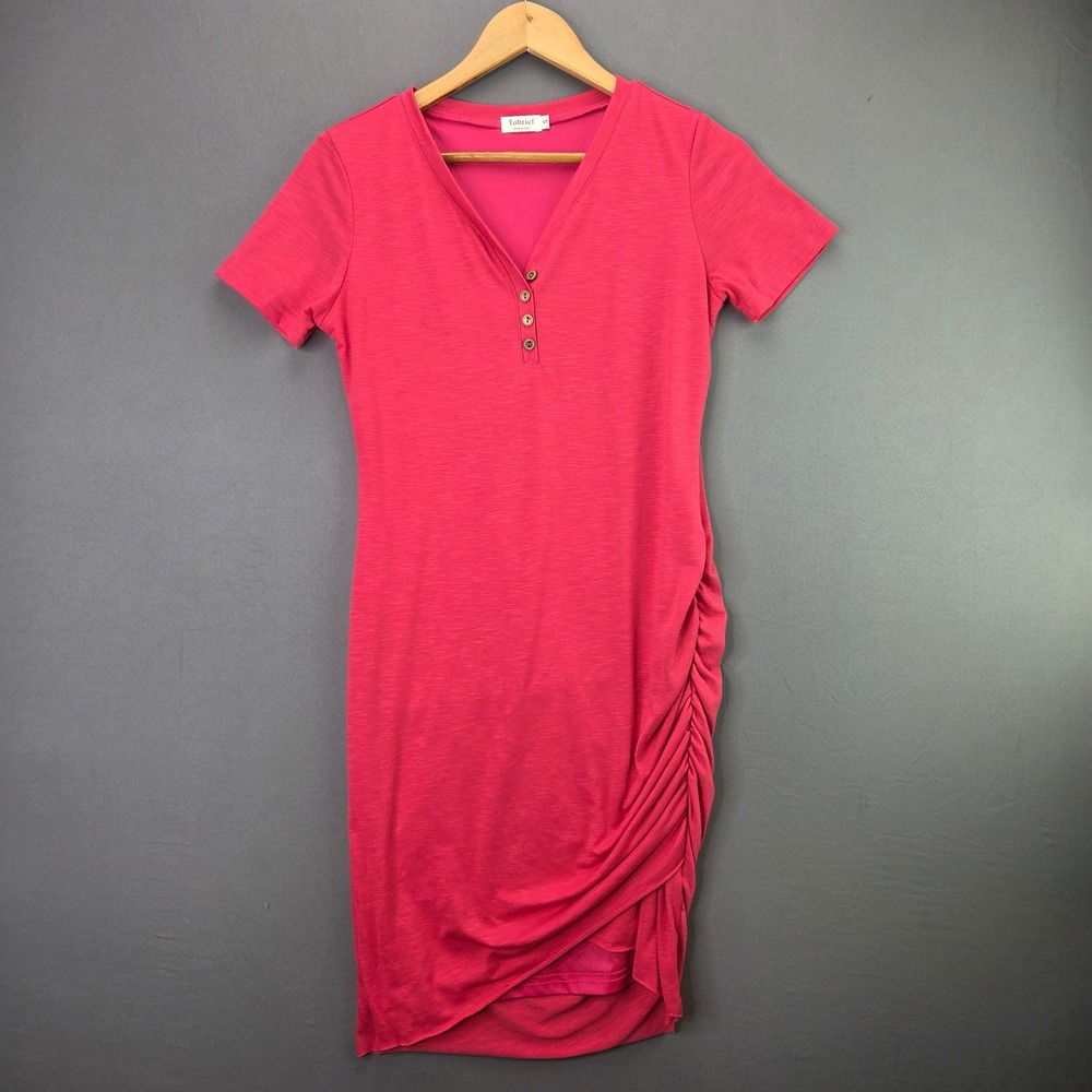 Tobrief Dress Womens Small Pink Henley V-Neck Ruched Side Asymmetric Tulip Hem S